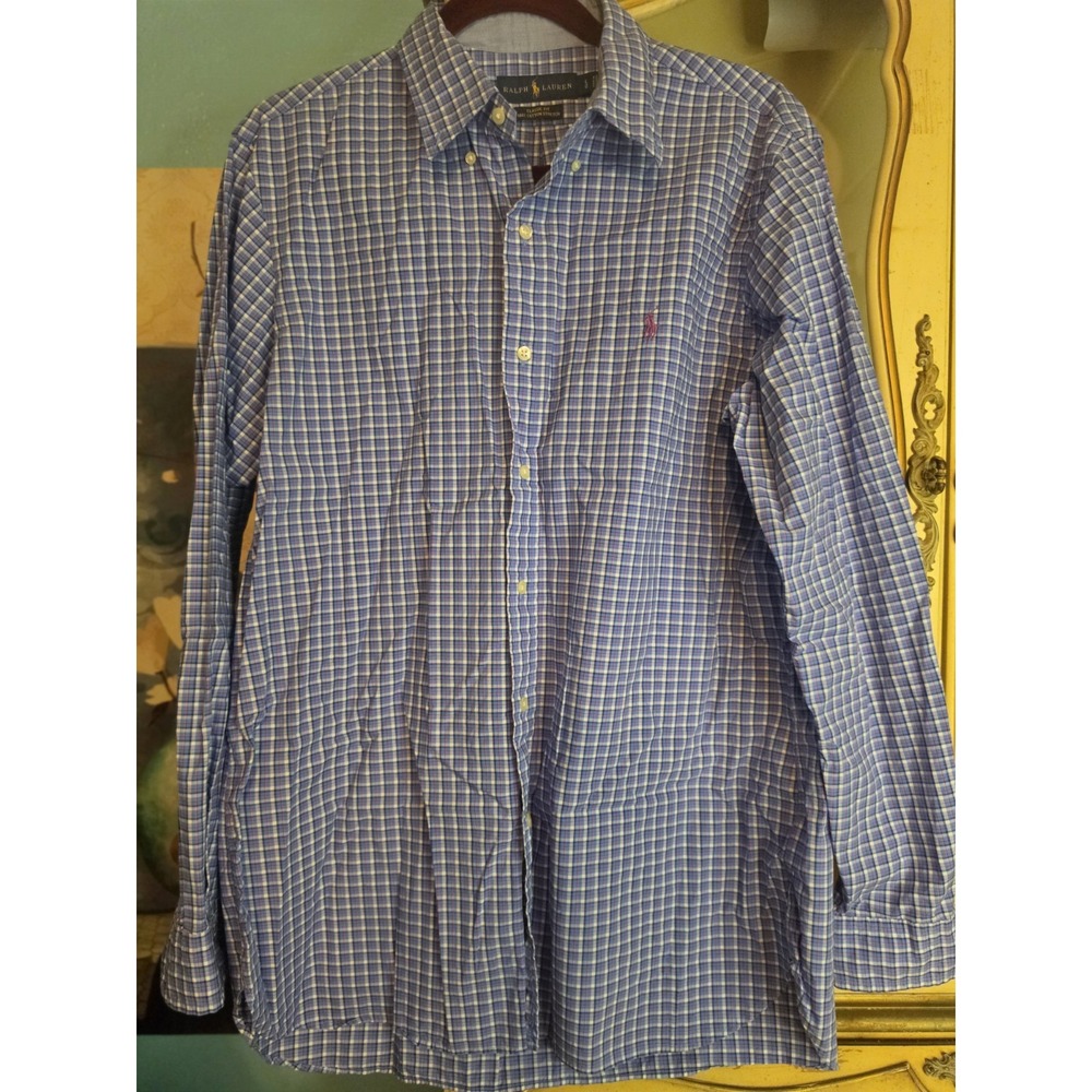 Ralph Lauren Men's L Classic Fit Plaid Button Down Shirt Blue 100% Cotton...